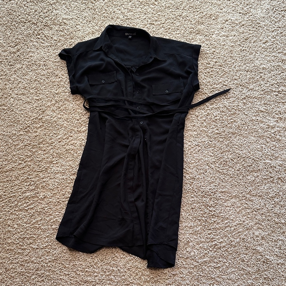 Express Black Collared Dress with Tie Belt